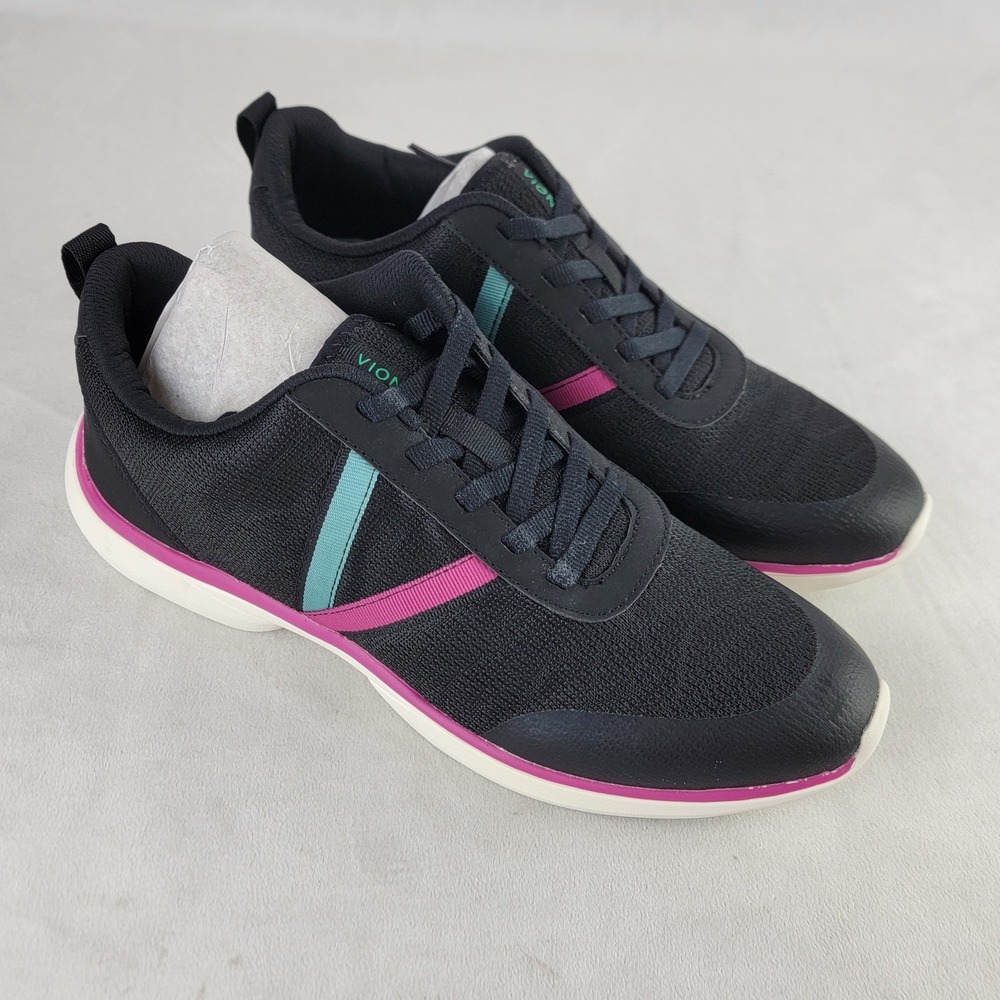Vionic JOLISA Women's 9 Black Athletic Sneakers Pink Teal Stripe Walking NEW